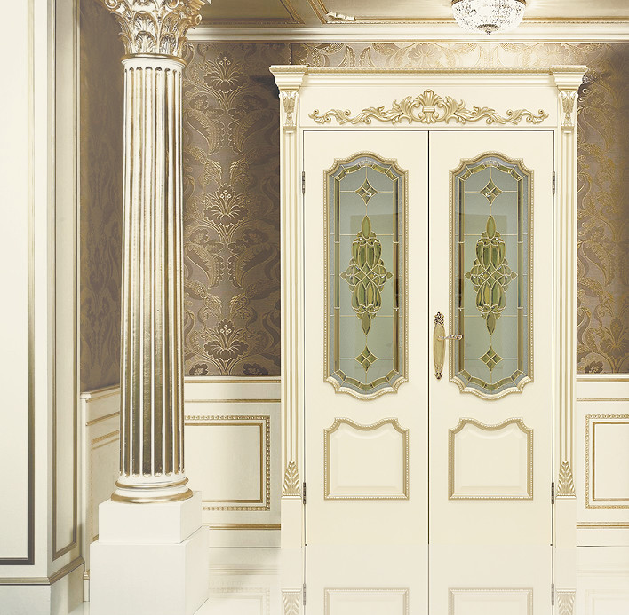 Двустворчатая классическая светлая дверь "Сицилия J" в интерьере